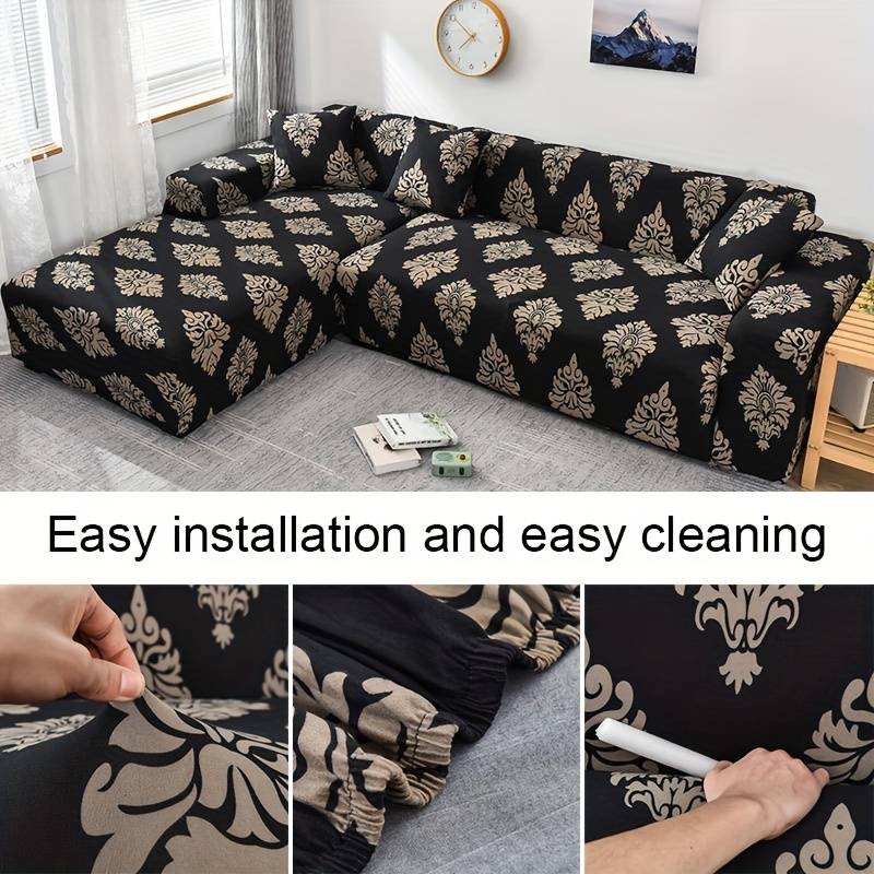 L-Shape Sofa Cover - Black Brocade