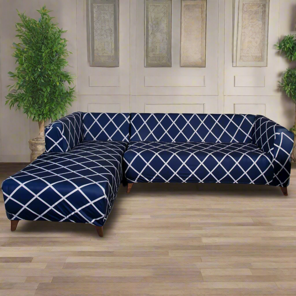 L-Shape Sofa Cover - Navy Blue checks