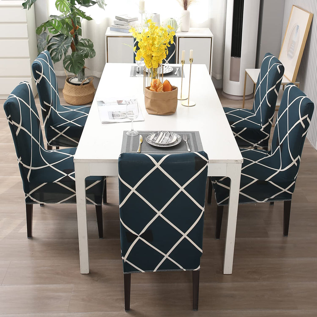 Navy Blue Checks Chair Covers - Stretchable, Dustproof, Water Resistant & Machine Washable
