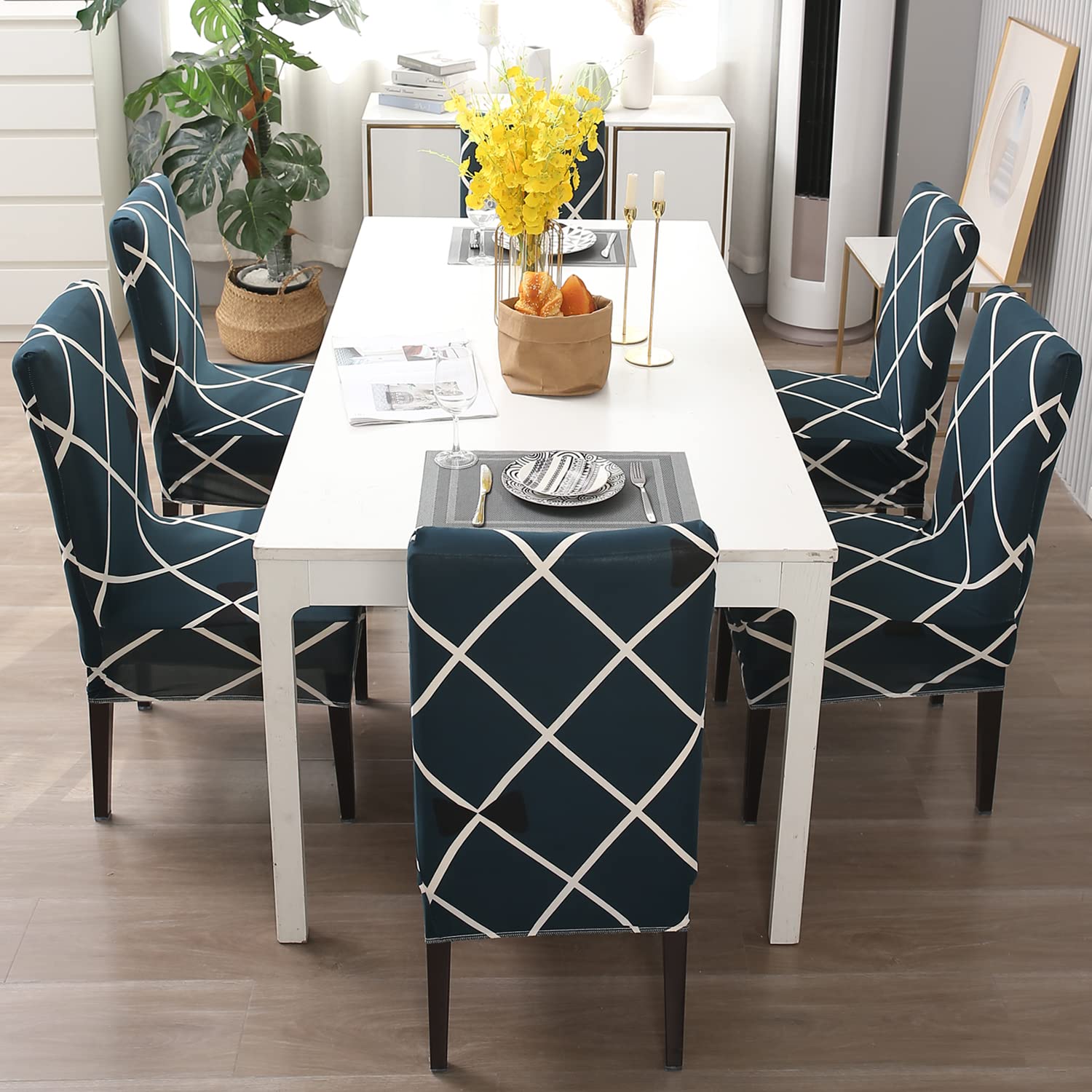 Navy Blue Checks Chair Covers - Stretchable, Dustproof, Water Resistant & Machine Washable