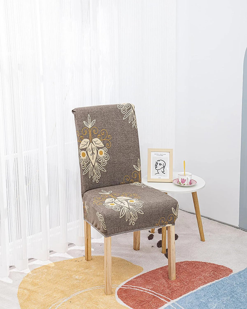 Beige Brocade Chair Cover - Stretchable, Dustproof, Water Resistant & Machine Washable