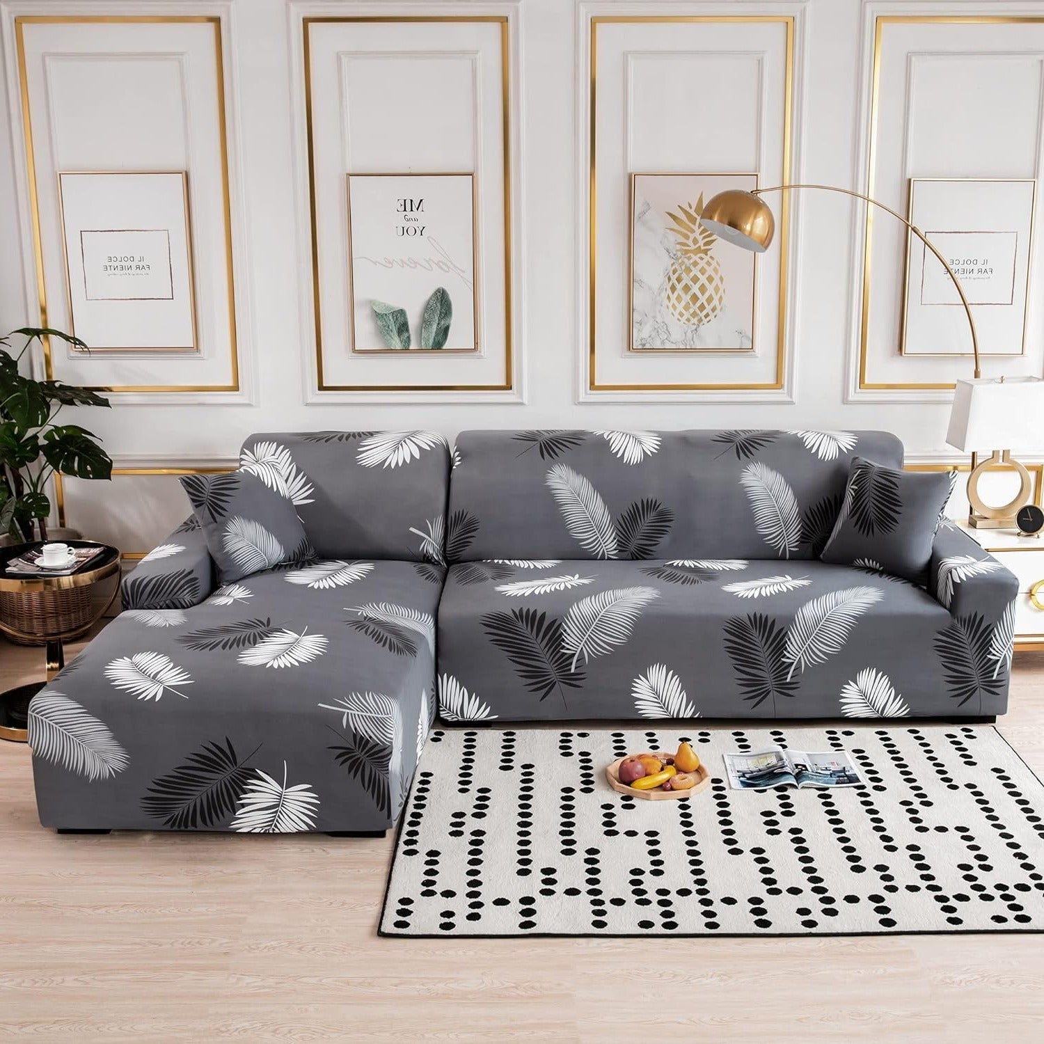 L-Shape Sofa Cover - Charcol Fern