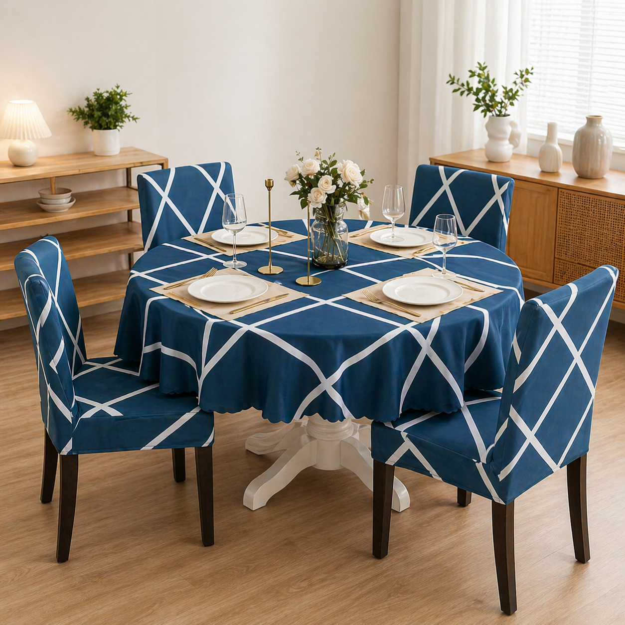 Cross Blue Round Table & Chair Cover – Stretchable, Dustproof & Machine Washable