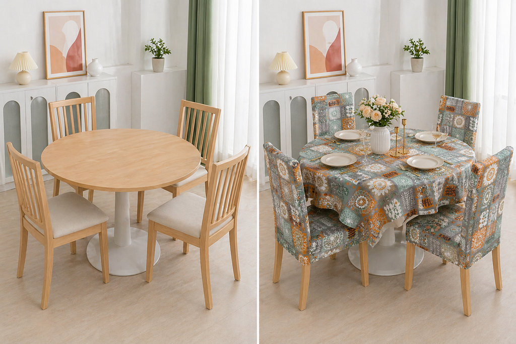 Square Art Round Table & Chair Cover – Stretchable, Dustproof & Machine Washable