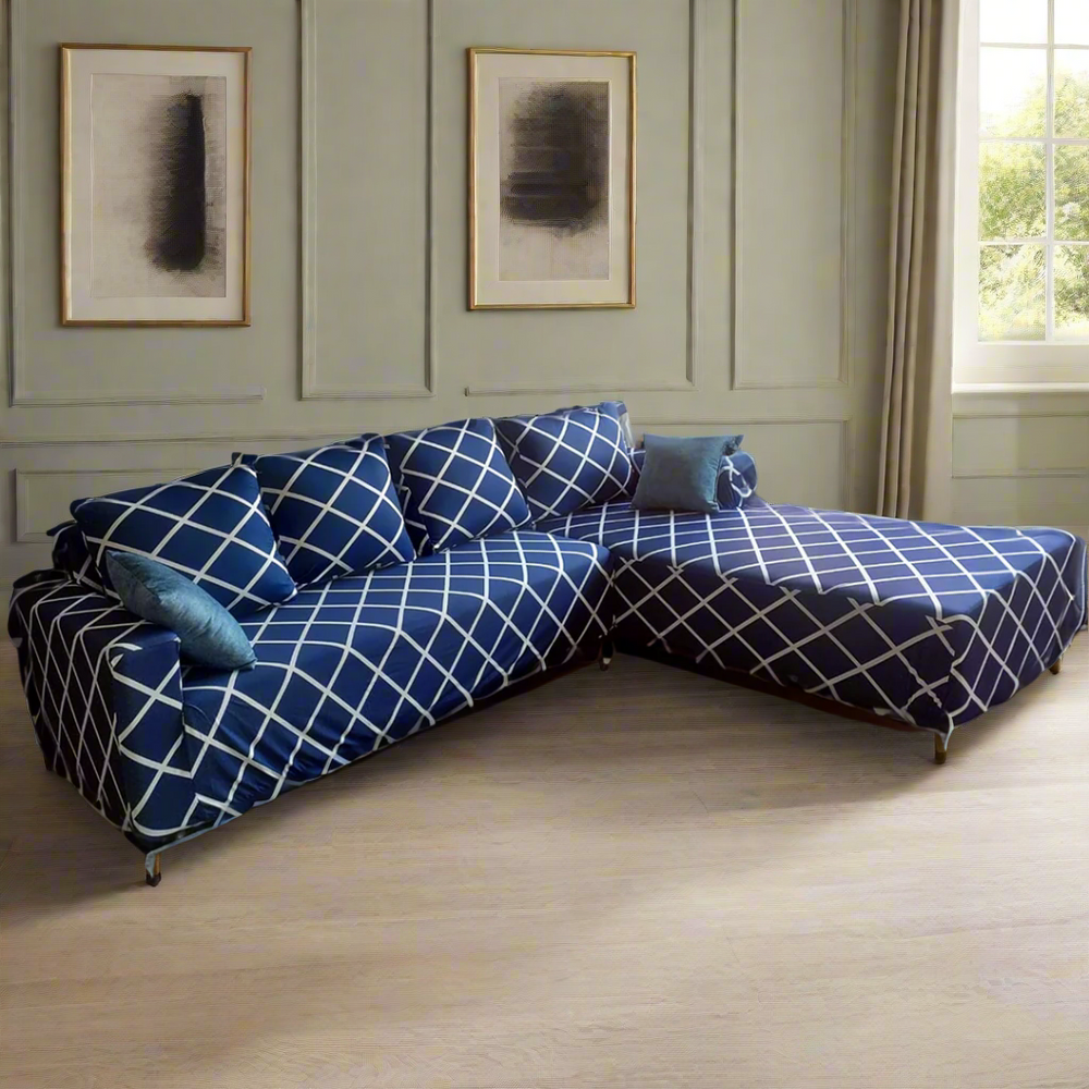 L-Shape Sofa Cover - Navy Blue checks