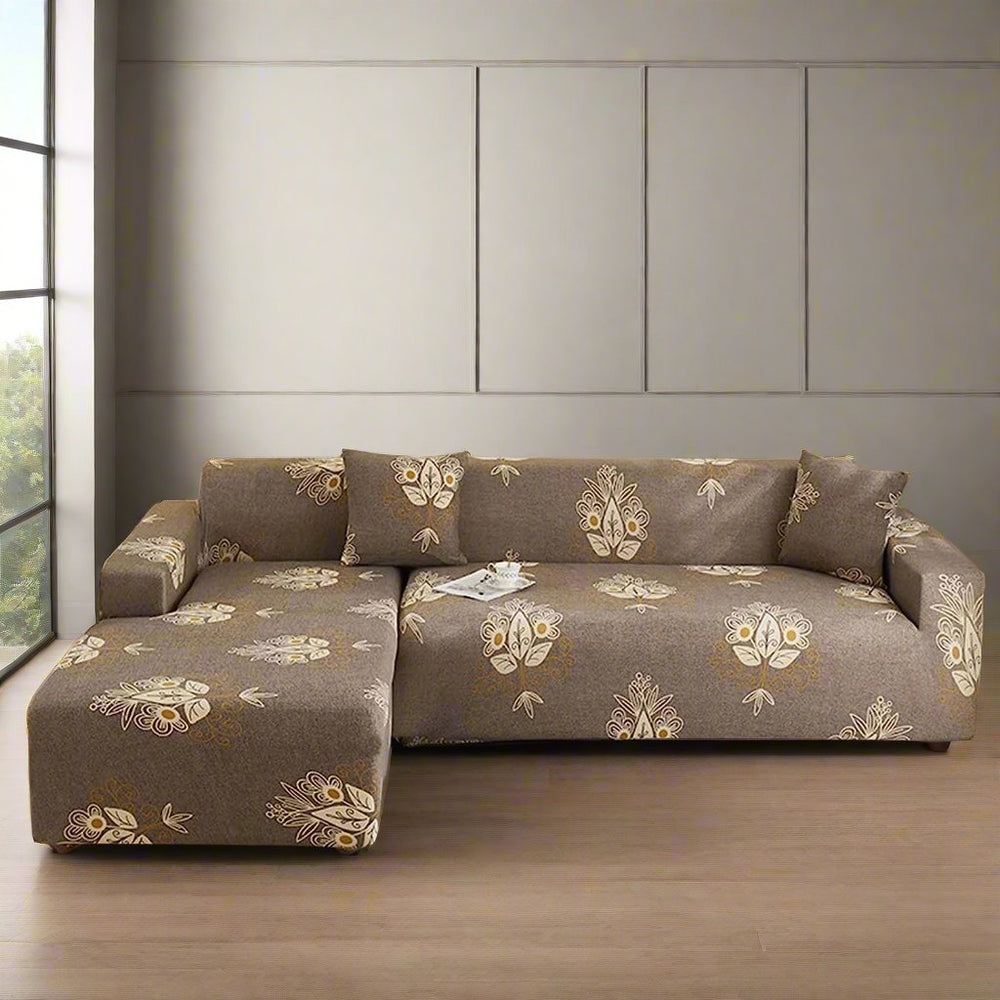 L-Shape Sofa Cover - Beige Brocade