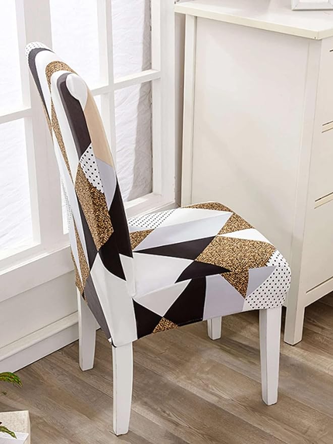 Geometric Brown Chair Covers - Stretchable, Dustproof, Water Resistant & Machine Washable