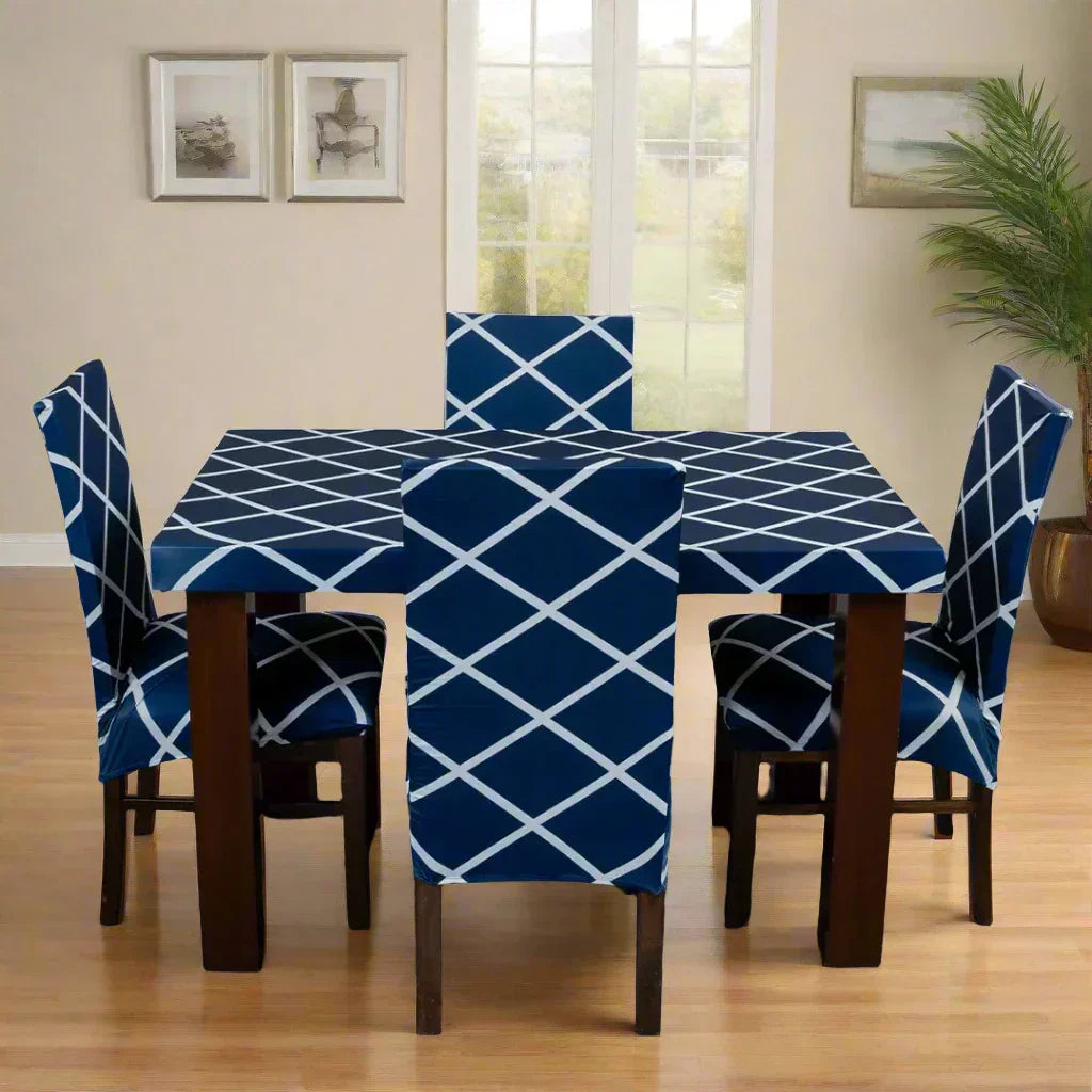 Navy Blue Checks Elastic Chair And Table Cover Set