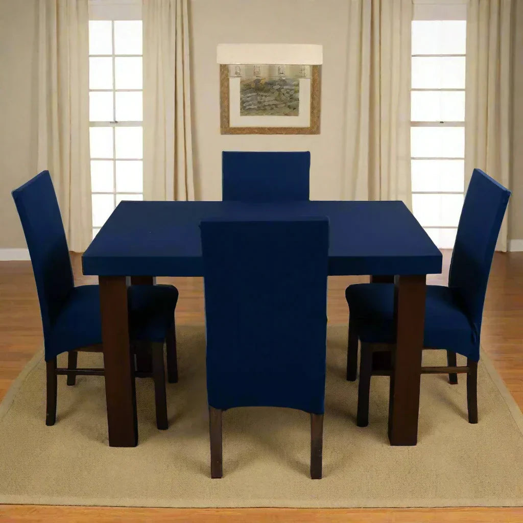 Navy Blue Solid Elastic Chair And Table Cover  Set